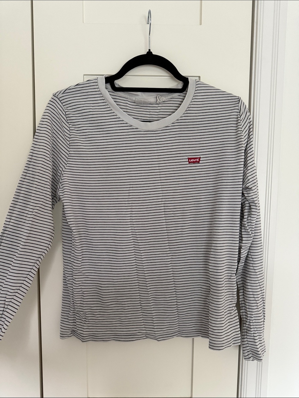 Levi's White and Black Striped Long Sleeve Shirt with Red Logo